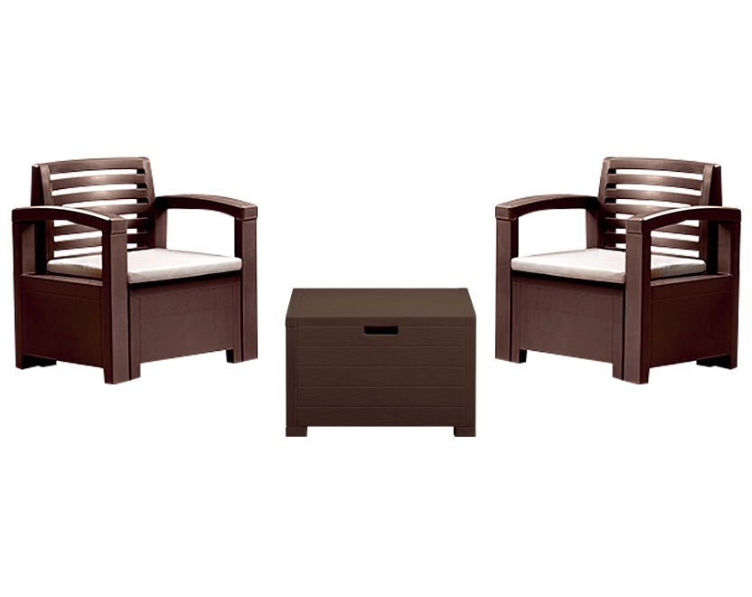 מערכת ישיבה בגימור דמוי עץ הכולל 2 כורסאות ושולחן קפה – בצבע חום