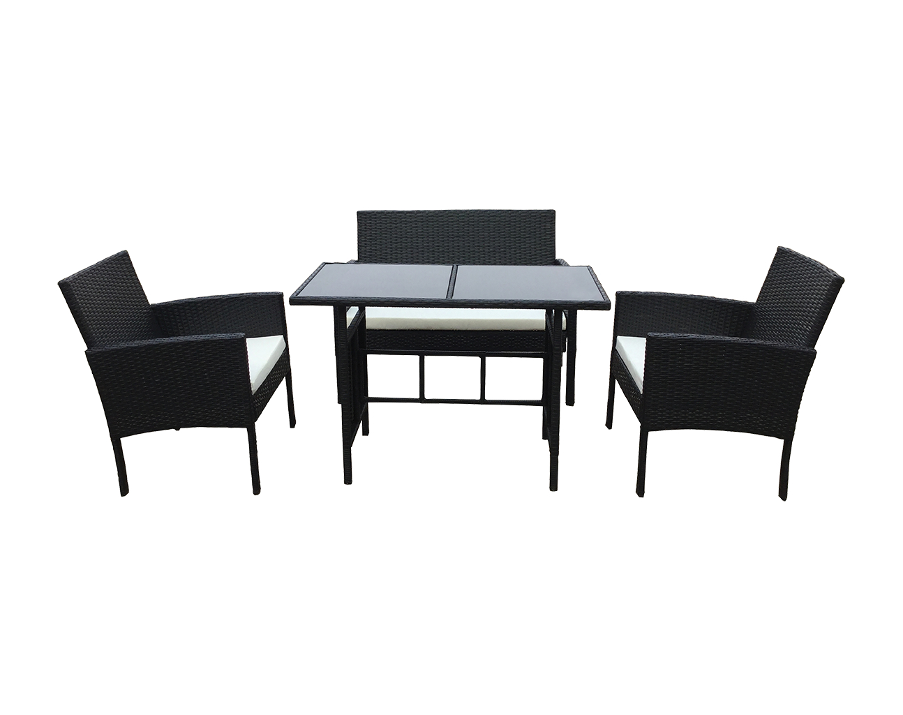 סט גינה בדמוי ראטן שחור בשילוב כריות בצבע לבן, הכולל שולחן ספה דו מושבית ו 2 כורסאות.